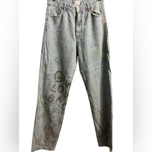 Bershka Women's Graffiti Print Light Wash high waisted straight Jeans Size 8